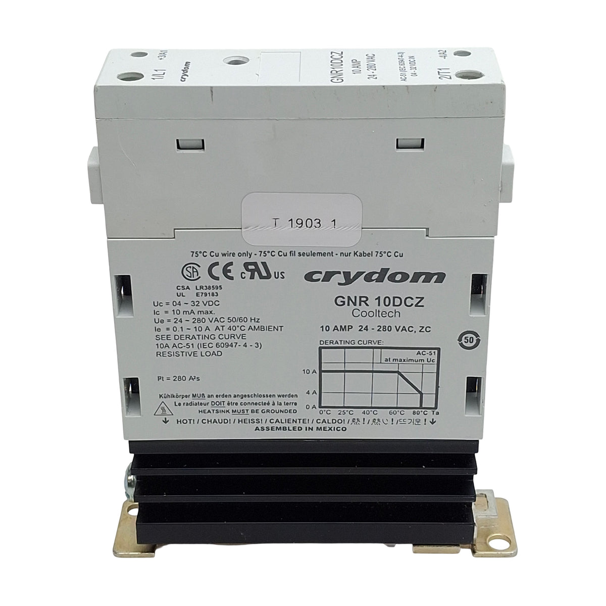Used Crydom GNR10DCZ Solid State Relay, SPST-NO, 10A 24-280VAC, 4-32VDC Control