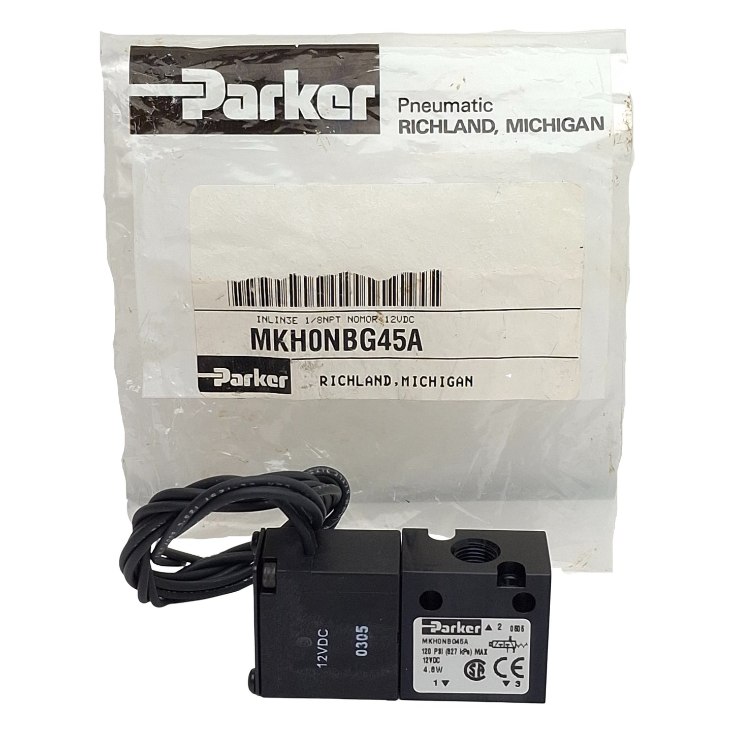 New Parker MKH0NBG45A Solenoid Valve, 3-Way, 1/8in NPT, 120psi Max, 12VDC Coil
