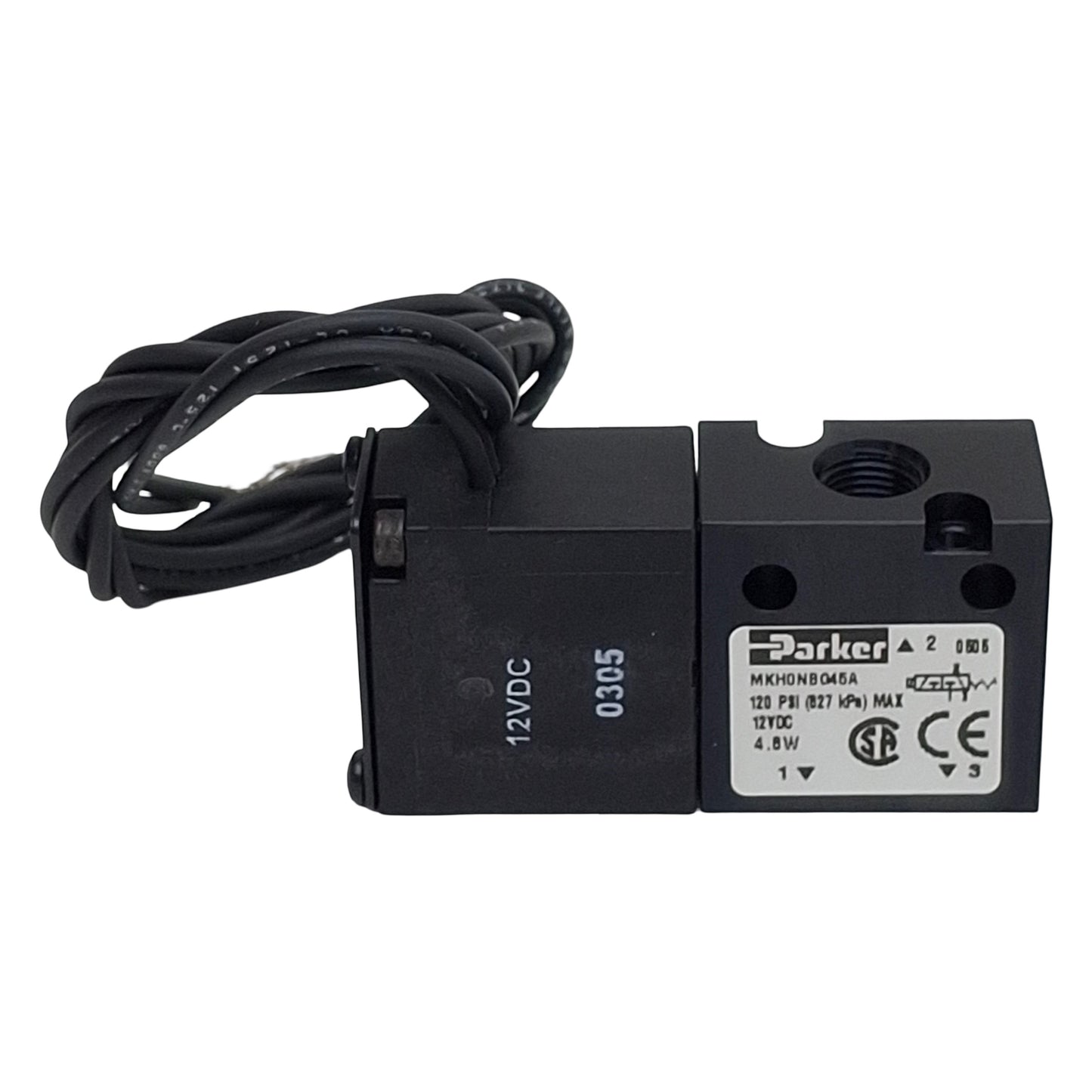 New Parker MKH0NBG45A Solenoid Valve, 3-Way, 1/8in NPT, 120psi Max, 12VDC Coil