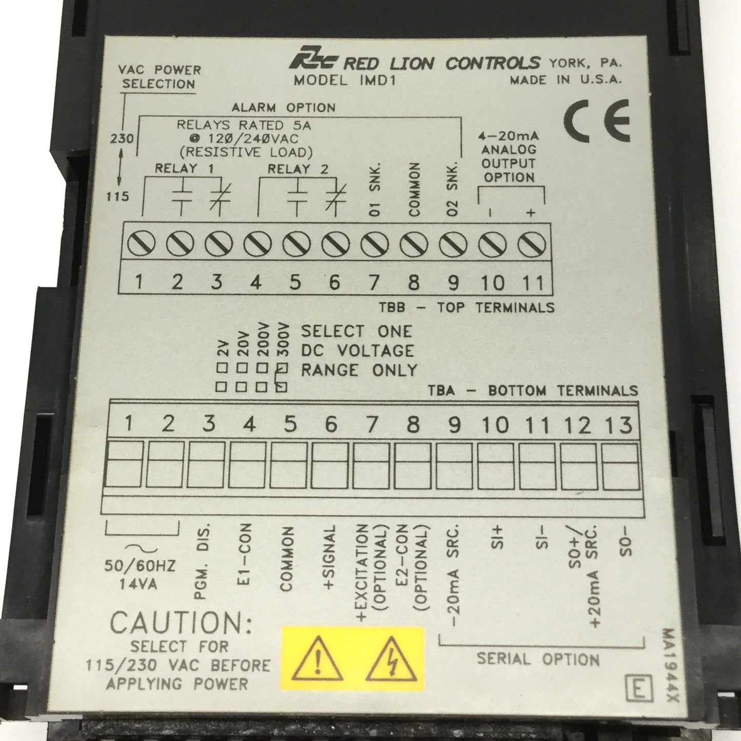 Used Red Lion IMD13167 Intelligent Digital Voltage Meter 115/230VAC, ±2 to 300VDC