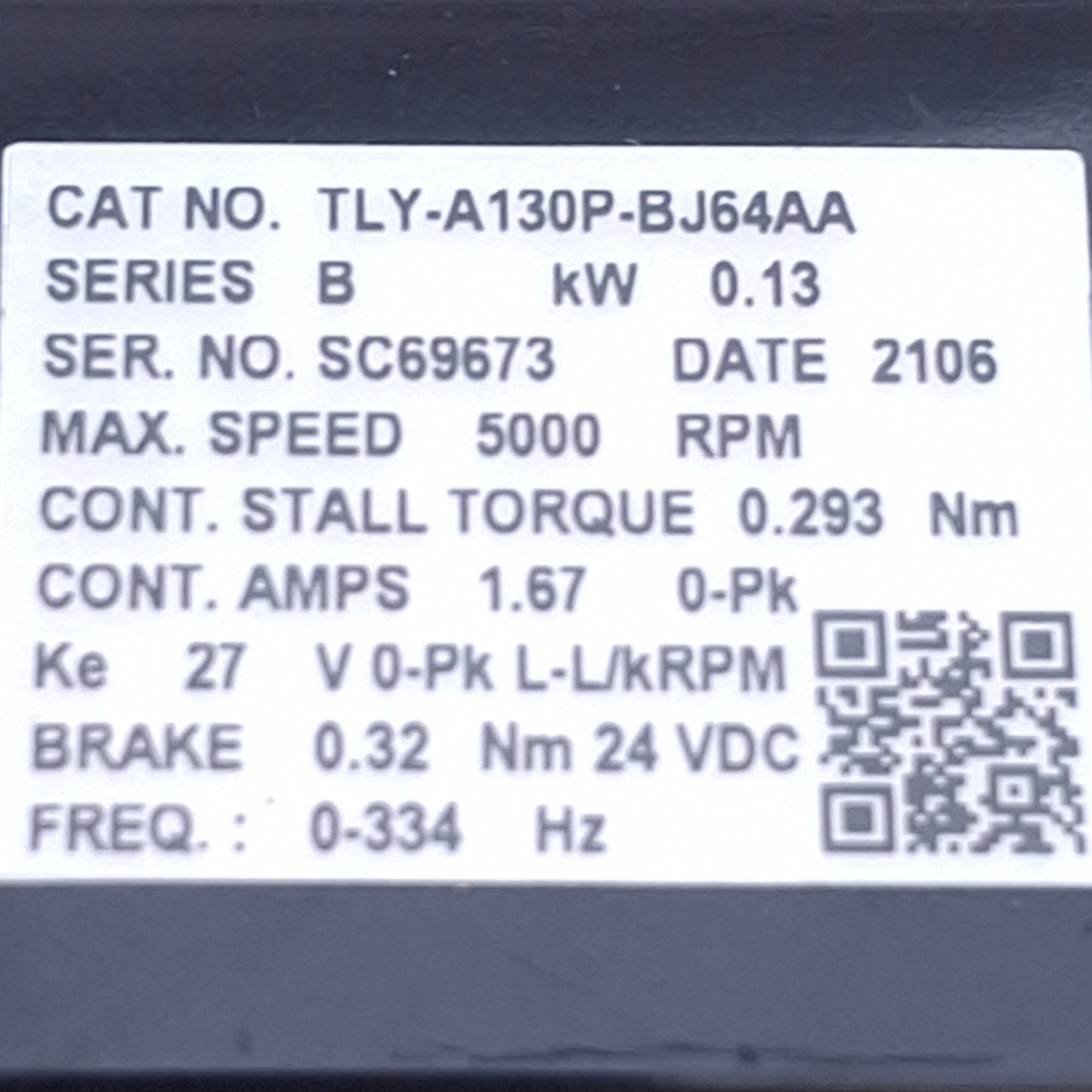 Used Allen Bradley TLY-A130P-BJ64AA Kinetix Servo Motor 230VAC 3PH, 5000RPM w/Brake