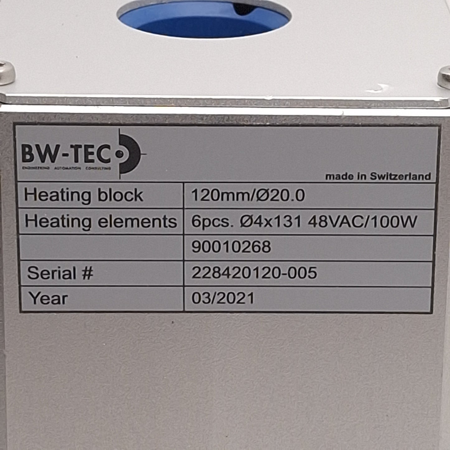 New – Open box BW-TEC 228420120 Vertical Heating Block For 1555 Ballon Machine, ø20mm x 120mm