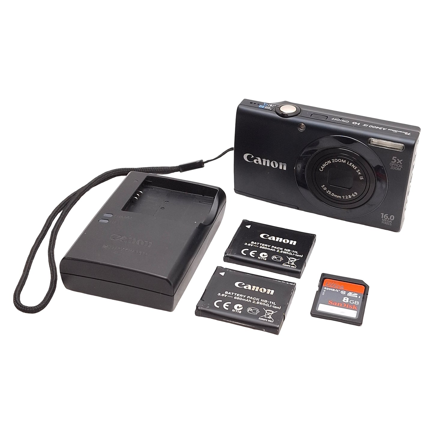 Used Canon PowerShot A3400 IS Digital Camera w/ Charger, 16MP, 5x Zoom, 16GB SD Card