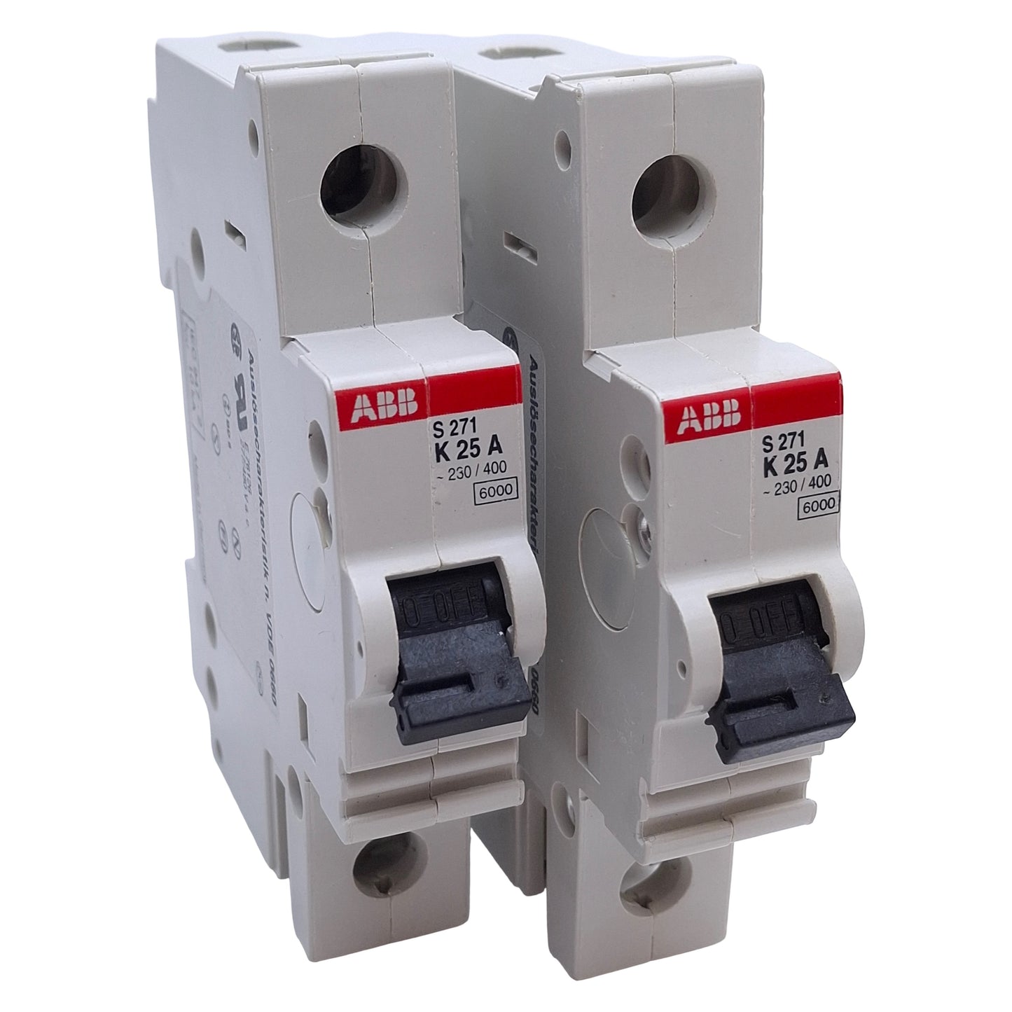 Used Lot of 2 ABB S271-K25A Circuit Breaker 1-Pole, 25A, 277/480VAC, DIN Rail