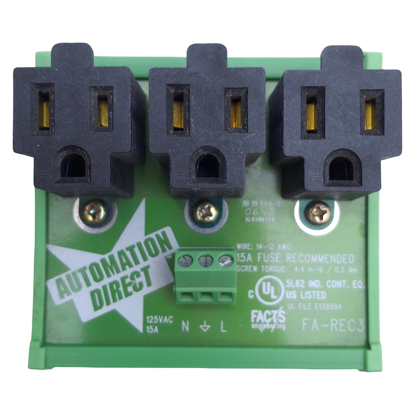 Used Automation Direct FA-REC3 Three Receptacle Convenience Outlet DIN Rail, 125VAC