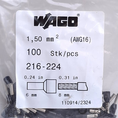 New Lot of 200 Wago 216-224 Wire Sleeve Ferrules, 1.5mm / 16AWG, 12mm Length