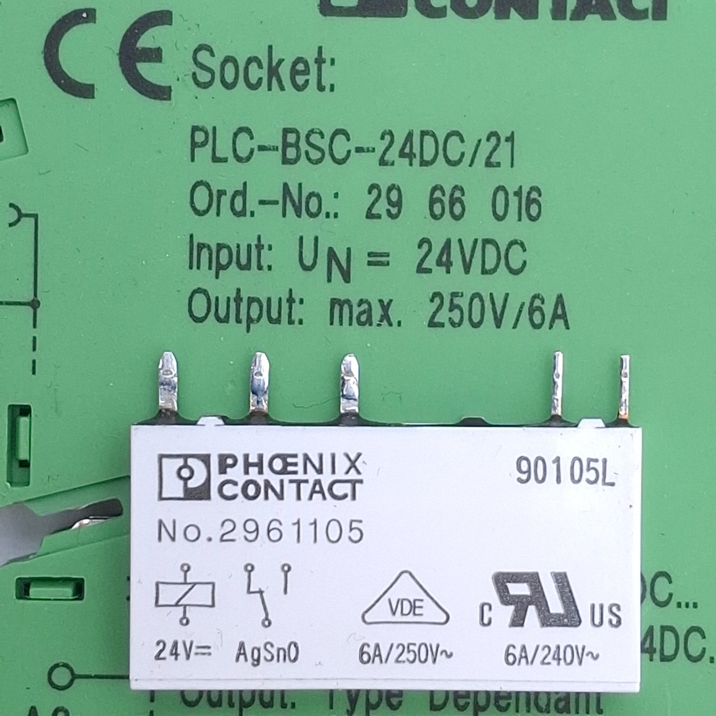 Used Phoenix Contact 2961105 Relay w/ Relay Base, SPDT, 6A 250VAC/DC, 24VDC Coil