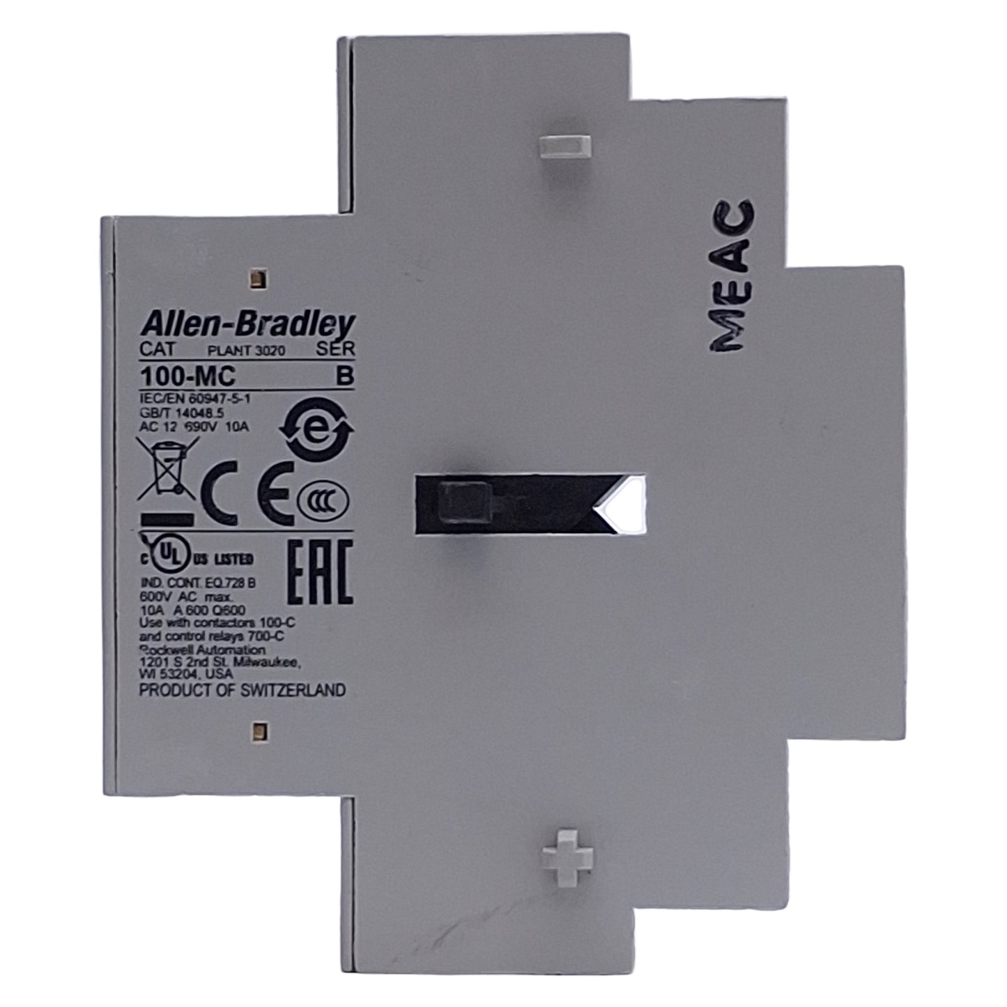 Used Allen Bradley 100-MCA02 Mechanical/Electrical Interlock, For 100-C Contactors