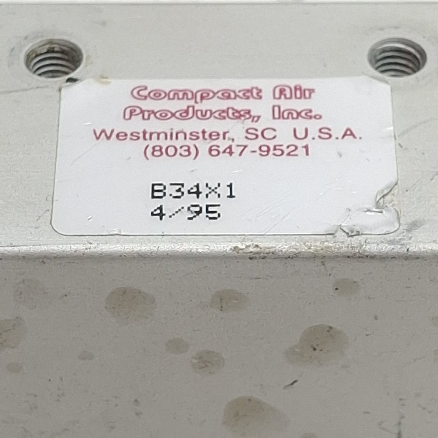Used Compact B34X1 Pneumatic Compact Cylinder, ø3/4in Bore, 1in Stroke, #10-32UNF