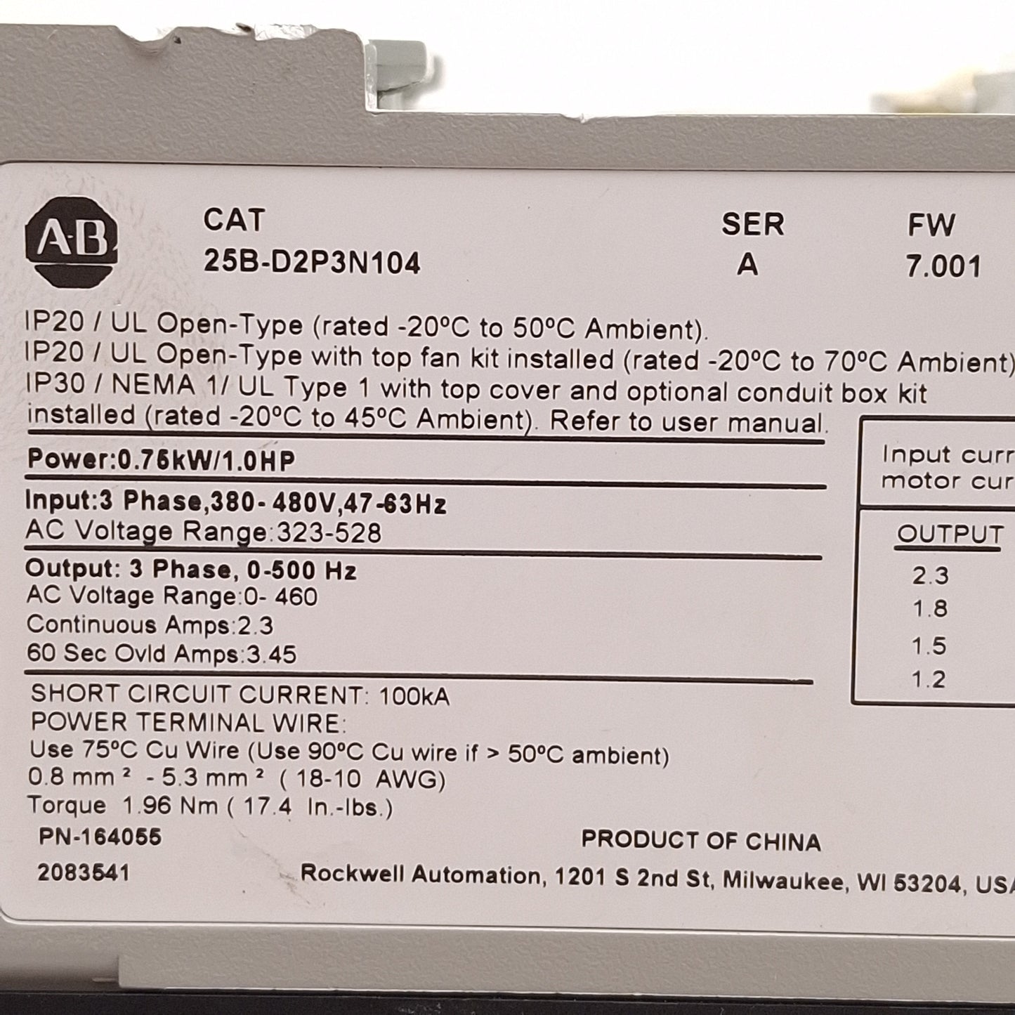 Used Allen Bradley 25B-D2P3N104 PowerFlex 525 AC Drive, 0.75kW/1.0HP, 3Ø 380-480VAC