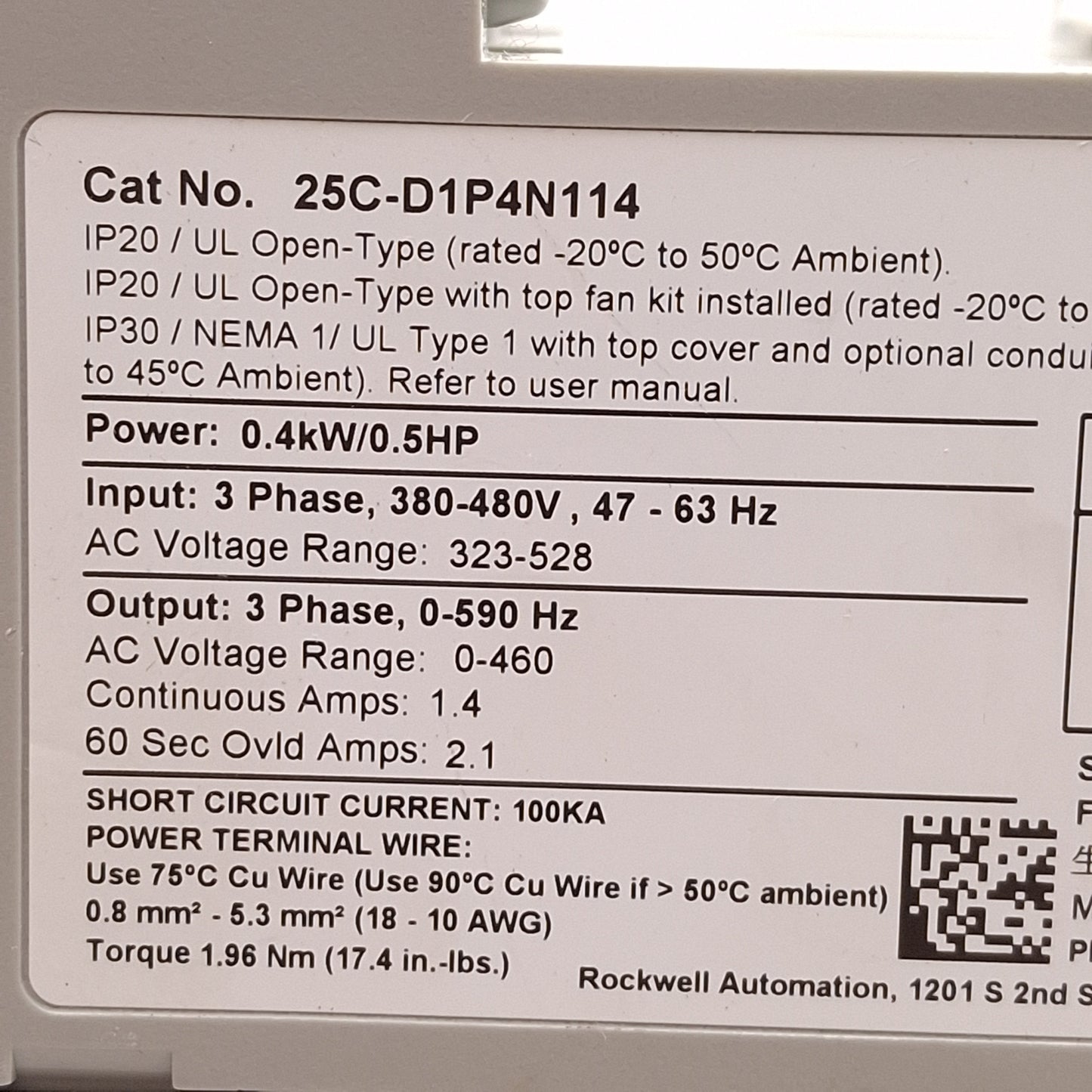 Used Allen Bradley 25C-D1P4N114 PowerFlex 527 AC Drive, 0.4kW/0.5HP, 3Ø 380-480VAC
