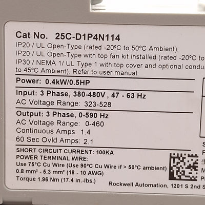 Used Allen Bradley 25C-D1P4N114 PowerFlex 527 AC Drive, 0.4kW/0.5HP, 3Ø 380-480VAC