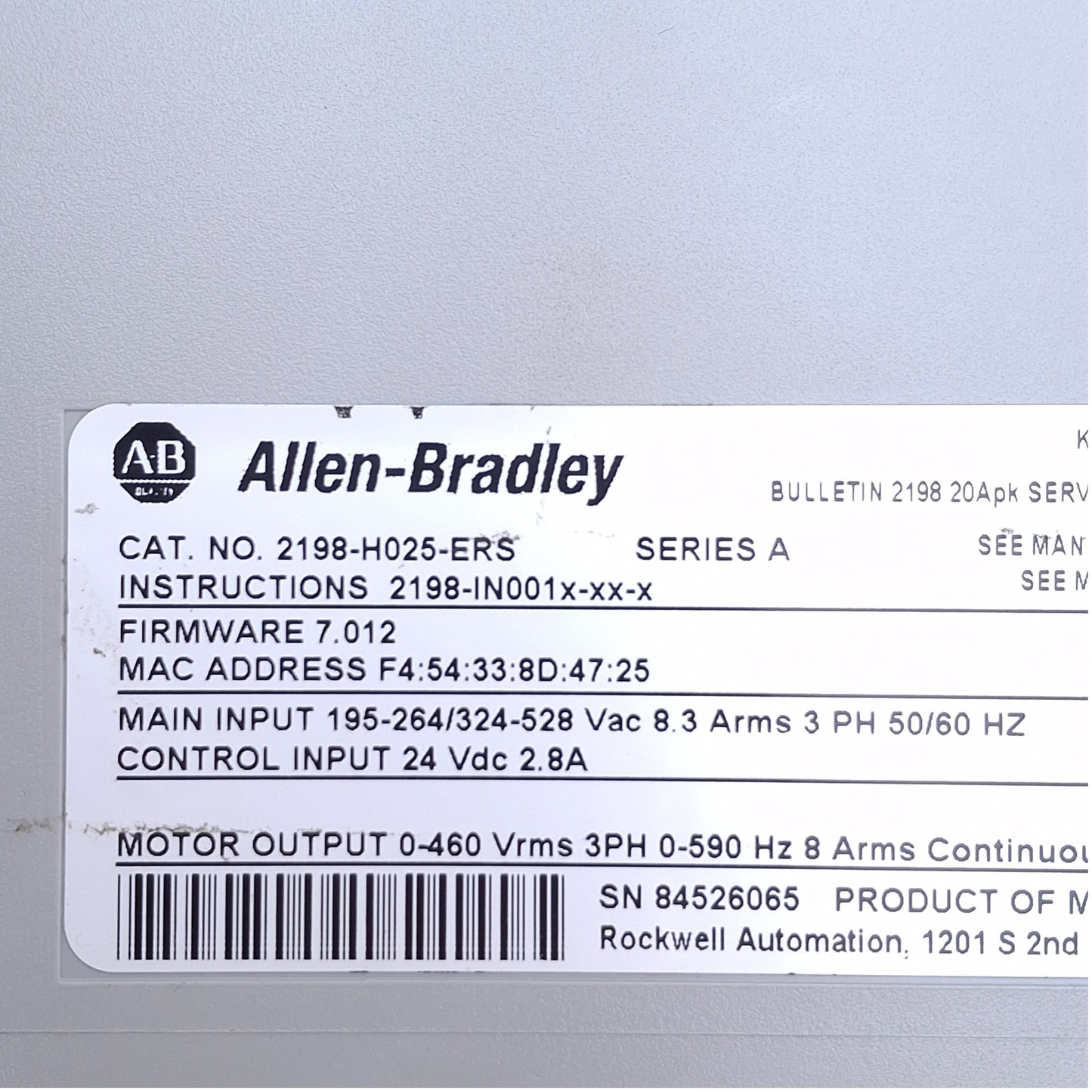 Used Allen Bradley 2198-H025-ERS Kinetix 5500 Servo Drive, 2.4/5.1kW, 3Ø 240/480VAC