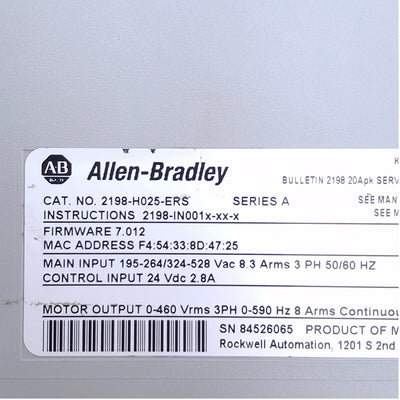 Used Allen Bradley 2198-H025-ERS Kinetix 5500 Servo Drive, 2.4/5.1kW, 3Ø 240/480VAC