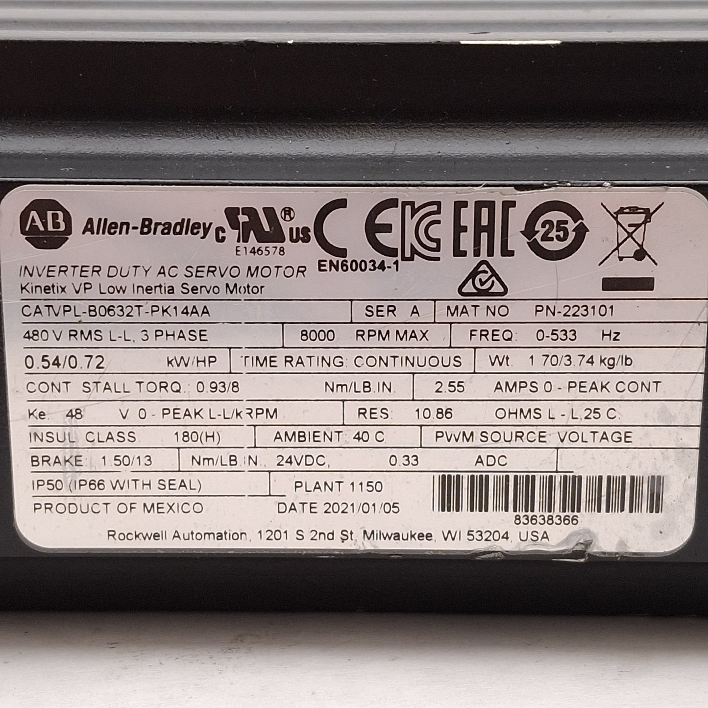 Used Allen Bradley VPL-B0632T-PK14AA Servo Motor, 0.54kW, 3Ø 480VAC, 24VDC Brake