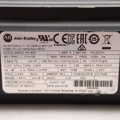 Used Allen Bradley VPL-B0632T-PK14AA Servo Motor, 0.54kW, 3Ø 480VAC, 24VDC Brake