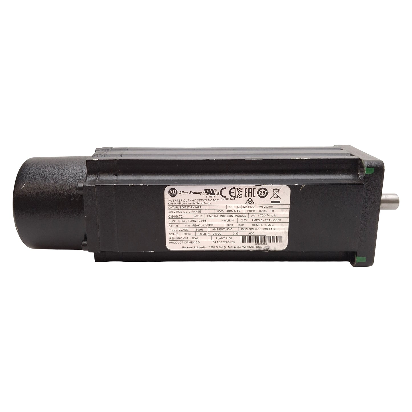 Used Allen Bradley VPL-B0632T-PK14AA Servo Motor, 0.54kW, 3Ø 480VAC, 24VDC Brake