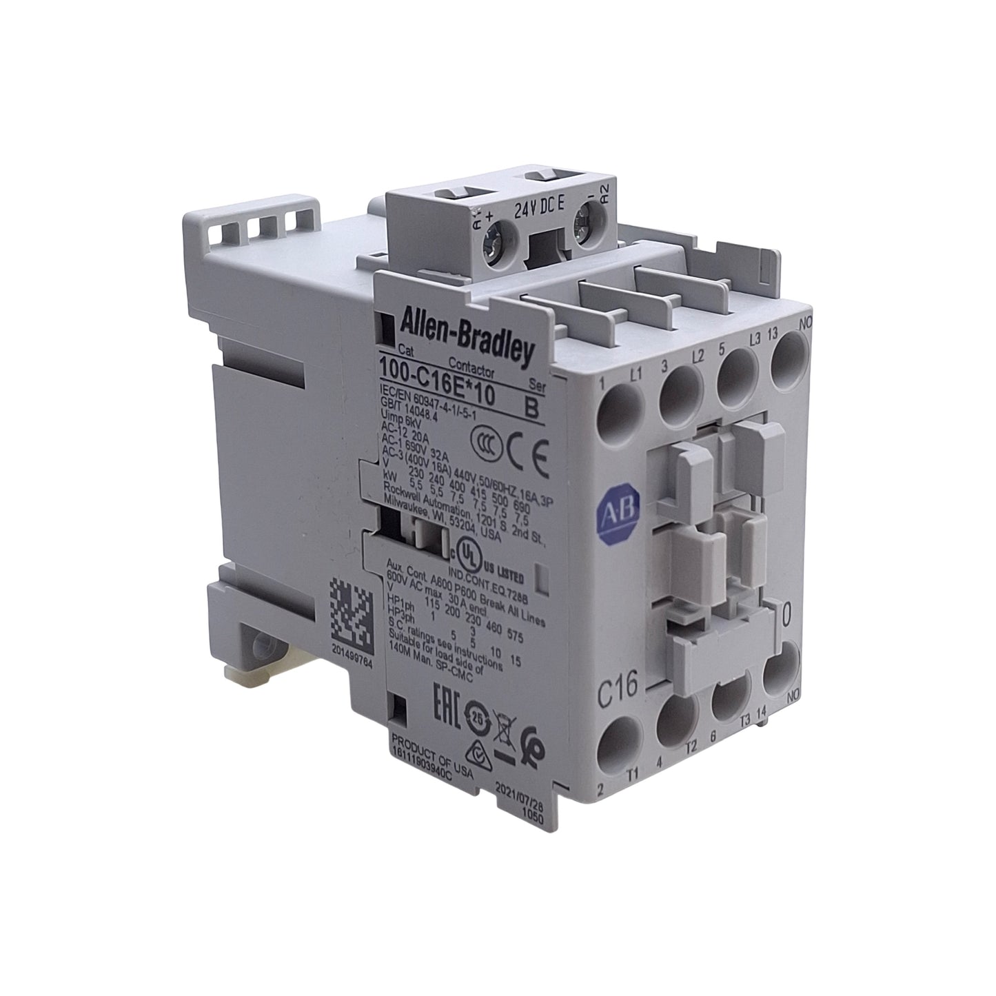 New Allen Bradley 100-C16EJ10 IEC Contactor 3-Pole, 32A, 7.5kW @ 690VAC, 24VDC Coil