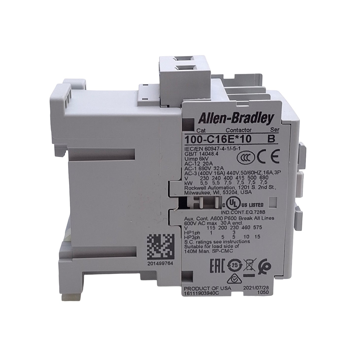New Allen Bradley 100-C16EJ10 IEC Contactor 3-Pole, 32A, 7.5kW @ 690VAC, 24VDC Coil