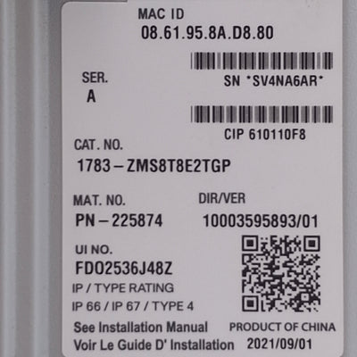 Used Allen Bradley 1783-ZMS8T8E2TGP Managed Ethernet Switch 18 Ports, 50-57VDC