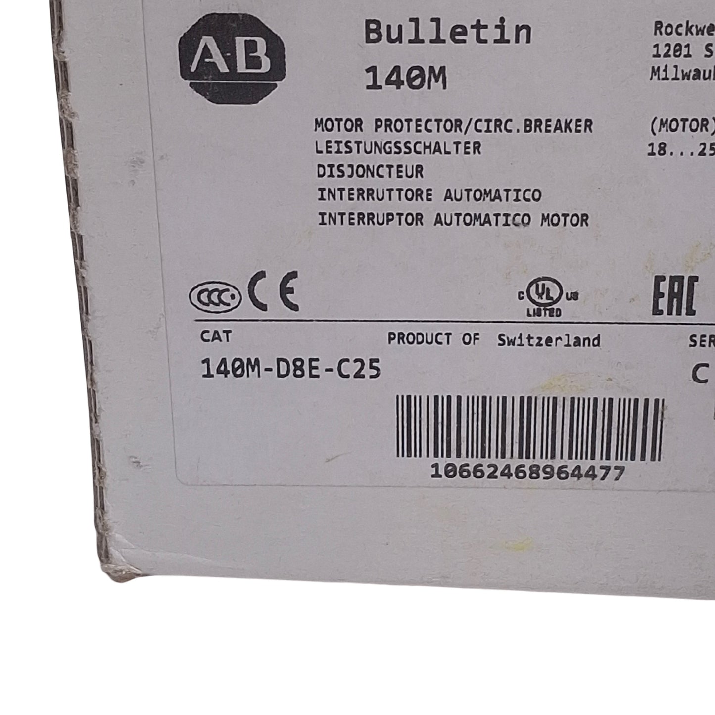 New Allen Bradley 140M-D8E-C25 Motor Circuit Breaker, 18-25A, Up to 600VAC 3-Phase