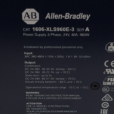 Used Allen Bradley 1606-XLS960E-3 Power Supply, 3-PH 380-480VAC In, 40A 24VDC Out
