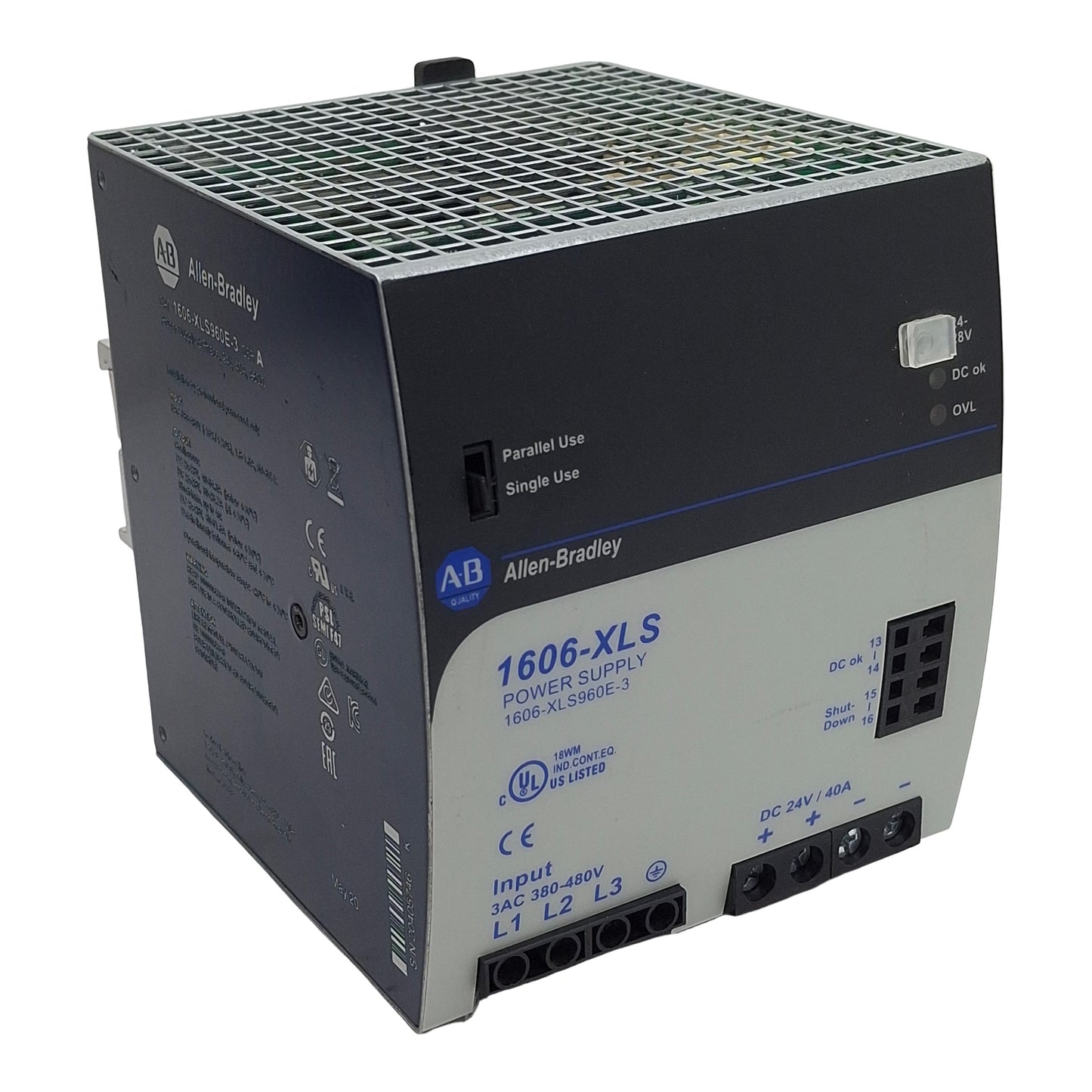 Used Allen Bradley 1606-XLS960E-3 Power Supply, 3-PH 380-480VAC In, 40A 24VDC Out