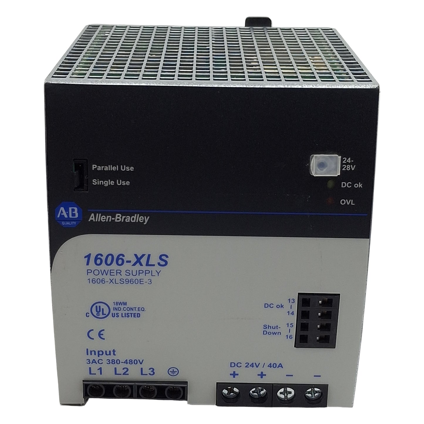 Used Allen Bradley 1606-XLS960E-3 Power Supply, 3-PH 380-480VAC In, 40A 24VDC Out