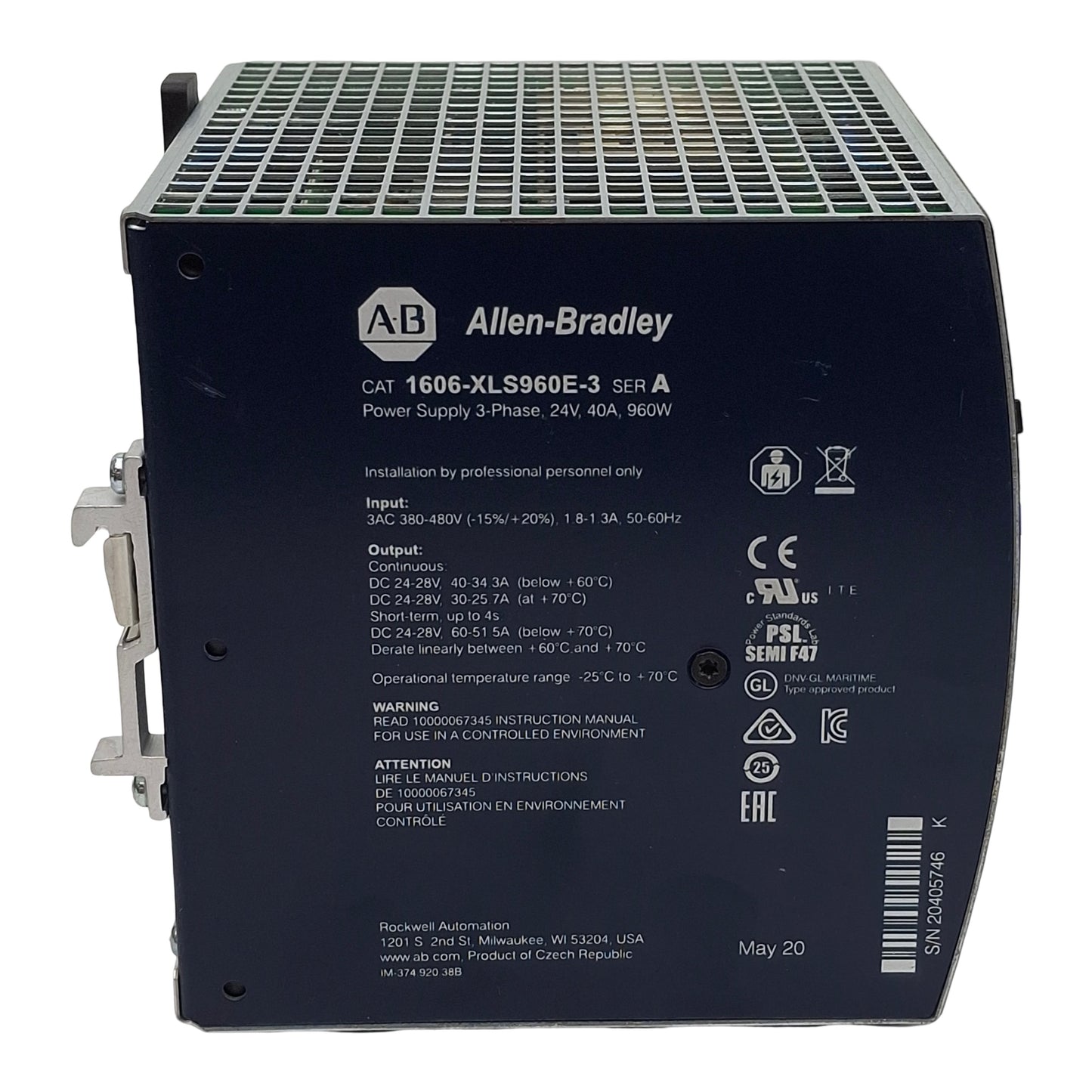Used Allen Bradley 1606-XLS960E-3 Power Supply, 3-PH 380-480VAC In, 40A 24VDC Out