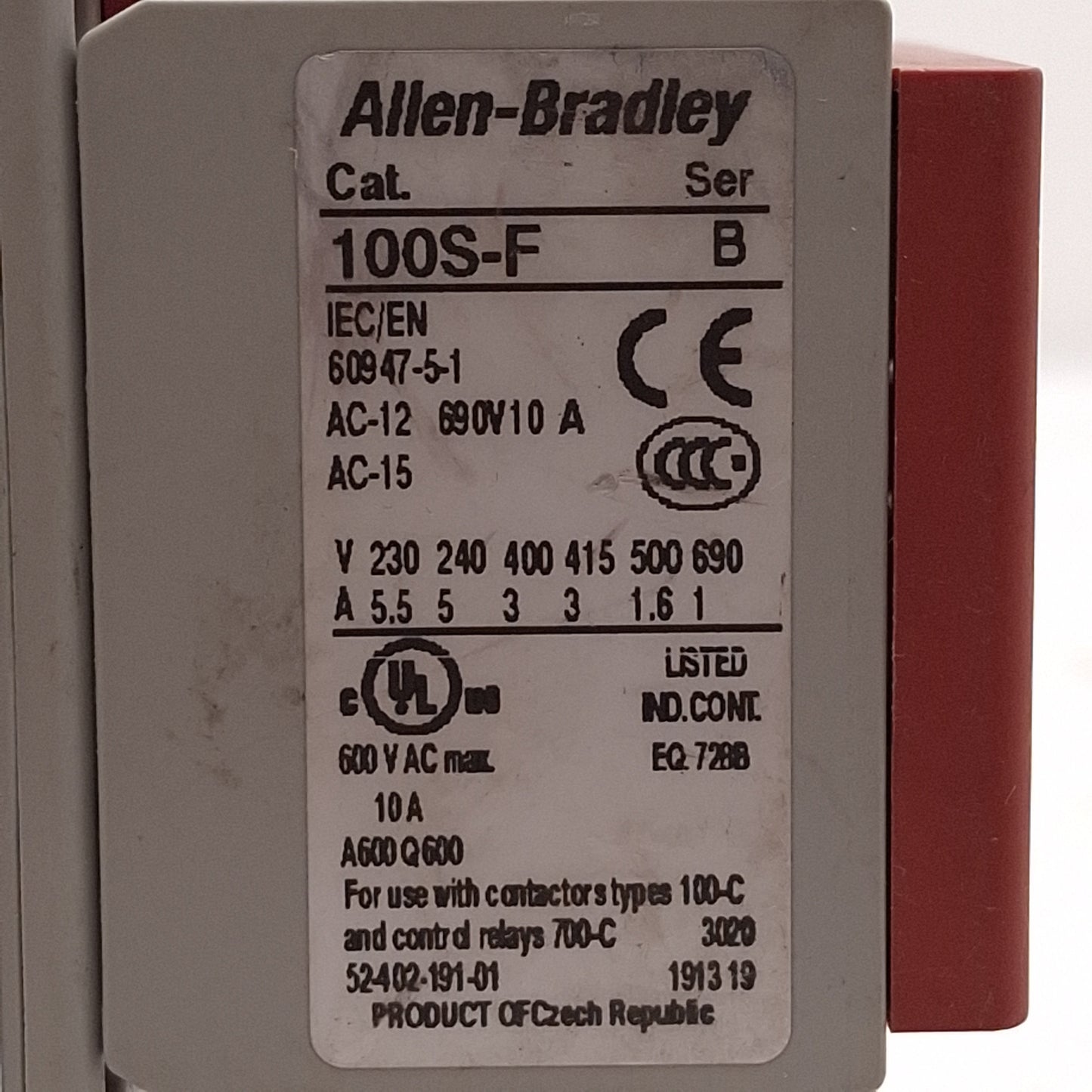 Used Allen Bradley 100S-C23EJ422C Safety Contactor 4NO + 2NO/2NC Aux, 23A, 24VAC Coil