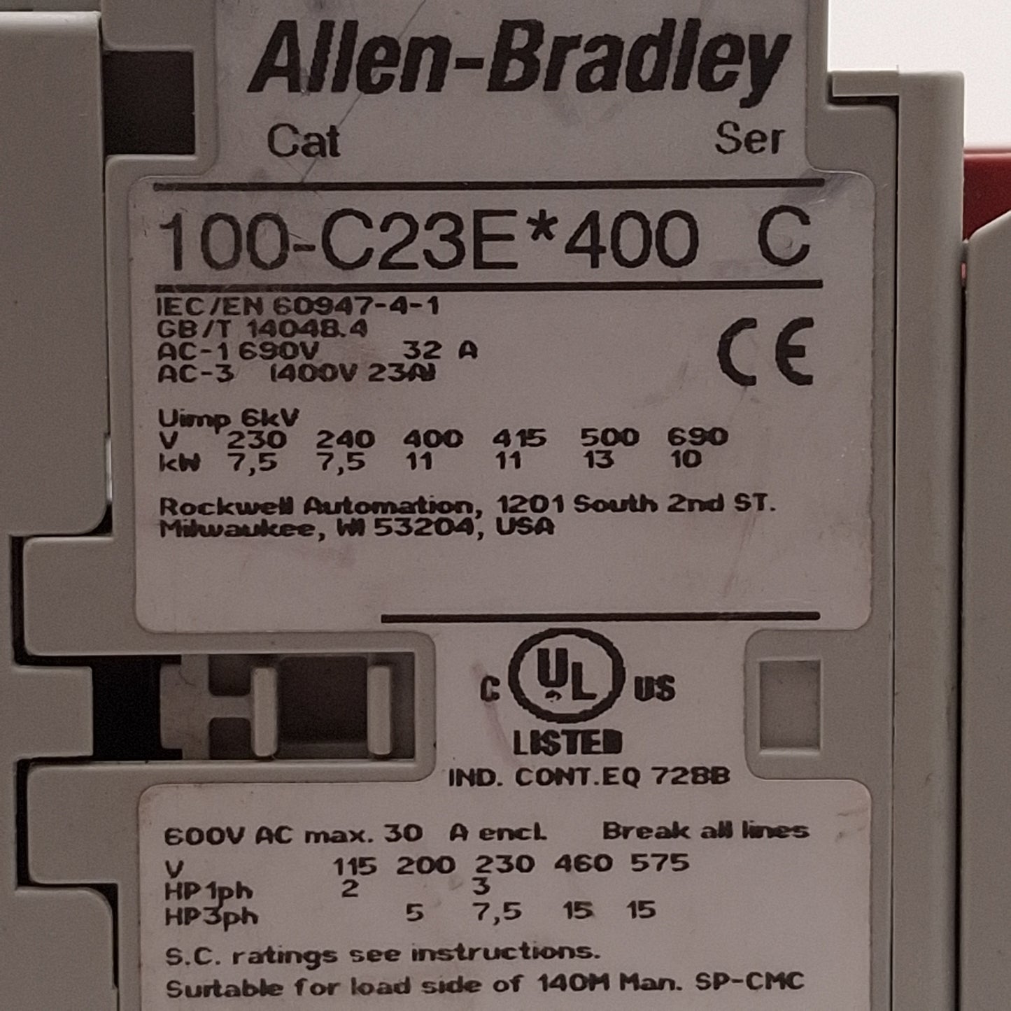 Used Allen Bradley 100S-C23EJ422C Safety Contactor 4NO + 2NO/2NC Aux, 23A, 24VAC Coil