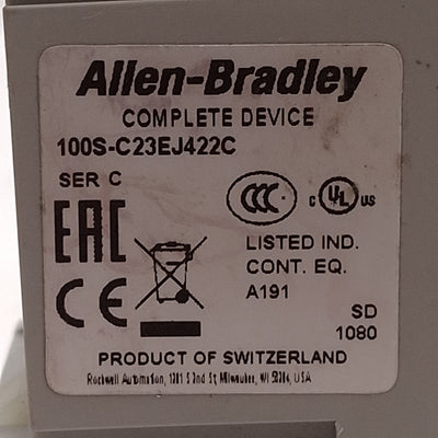 Used Allen Bradley 100S-C23EJ422C Safety Contactor 4NO + 2NO/2NC Aux, 23A, 24VAC Coil