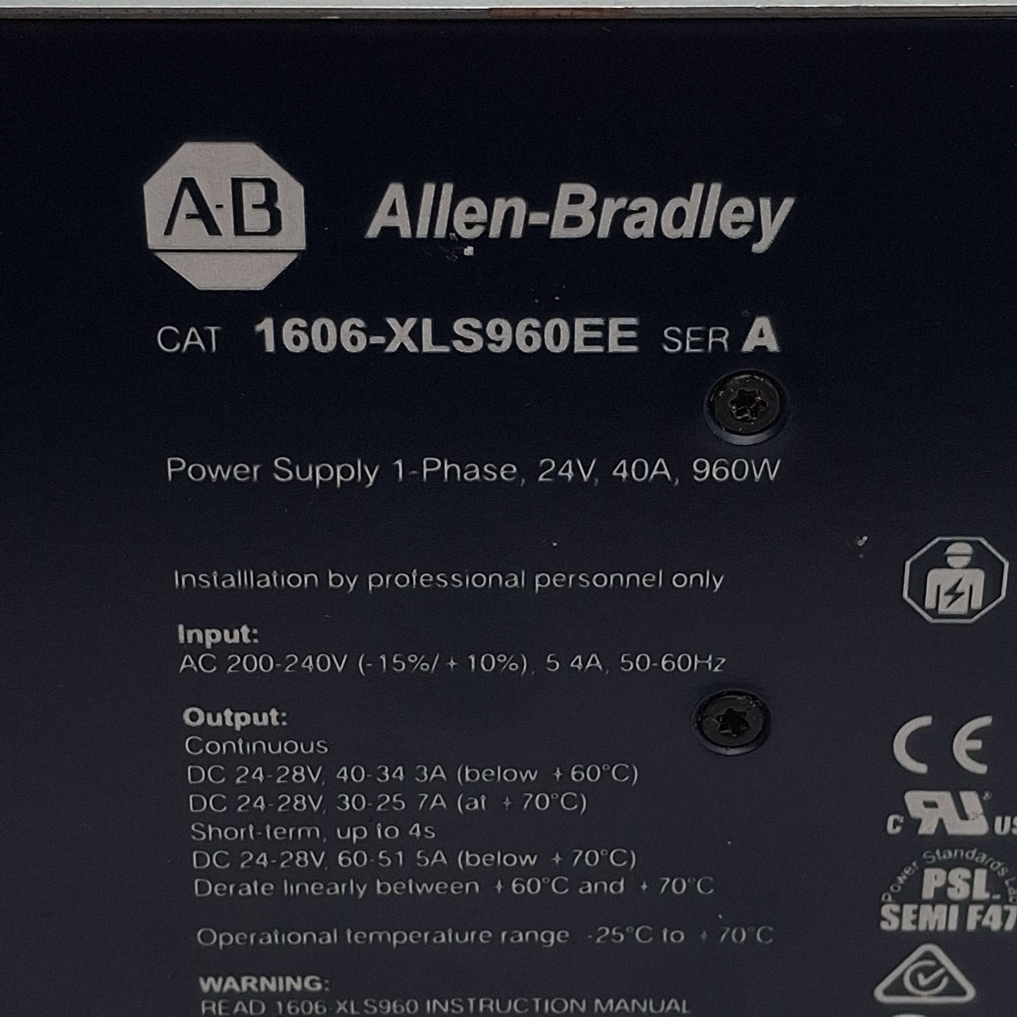 Used Allen Bradley 1606-XLS960EE Power Supply, 1-PH, 200-240VAC In, 40A 24VDC Out