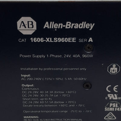 Used Allen Bradley 1606-XLS960EE Power Supply, 1-PH, 200-240VAC In, 40A 24VDC Out
