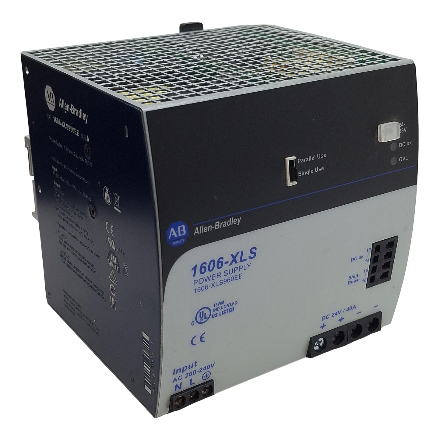 Used Allen Bradley 1606-XLS960EE Power Supply, 1-PH, 200-240VAC In, 40A 24VDC Out