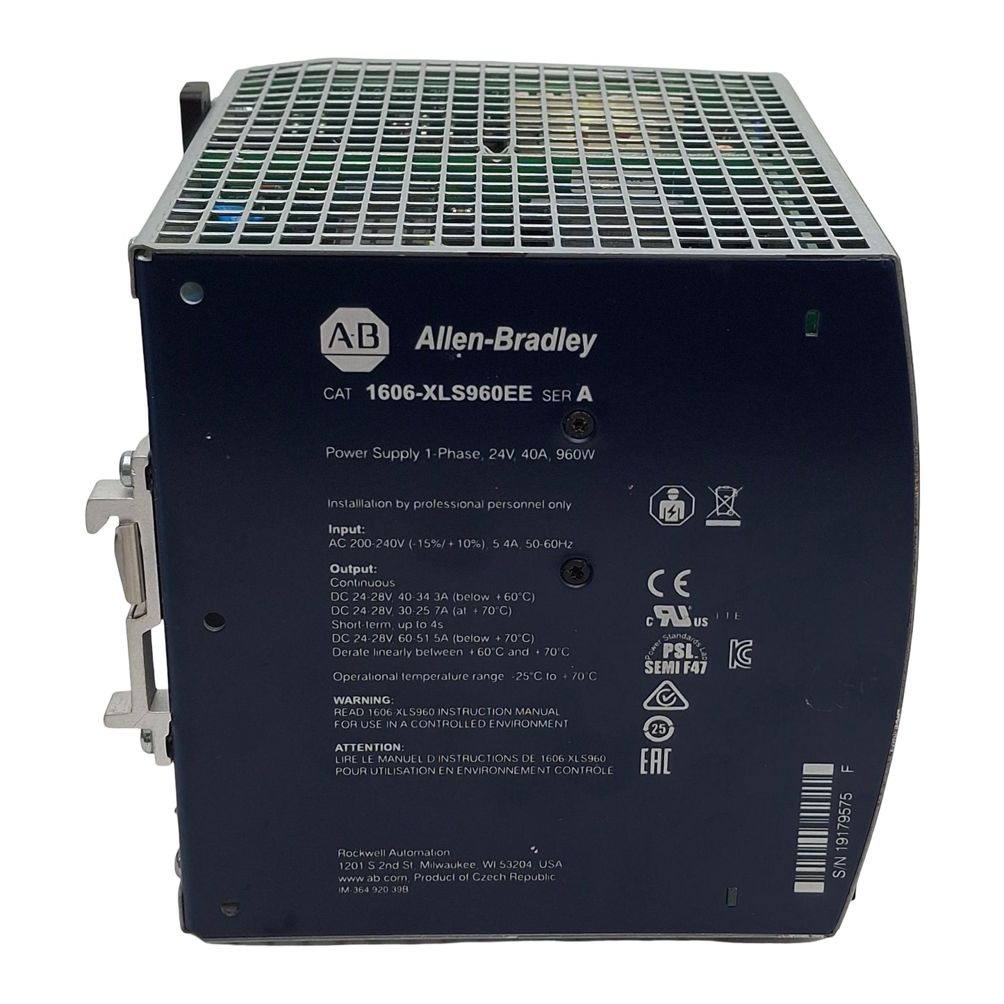 Used Allen Bradley 1606-XLS960EE Power Supply, 1-PH, 200-240VAC In, 40A 24VDC Out