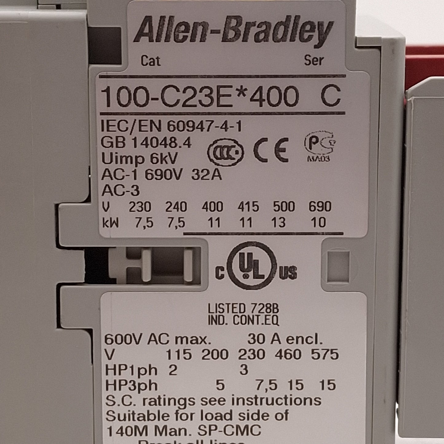 Used Allen Bradley 100S-C23EJ422BC Safety Contactor 4NO+2NO/2NC Aux, 23A, 24VAC Coil