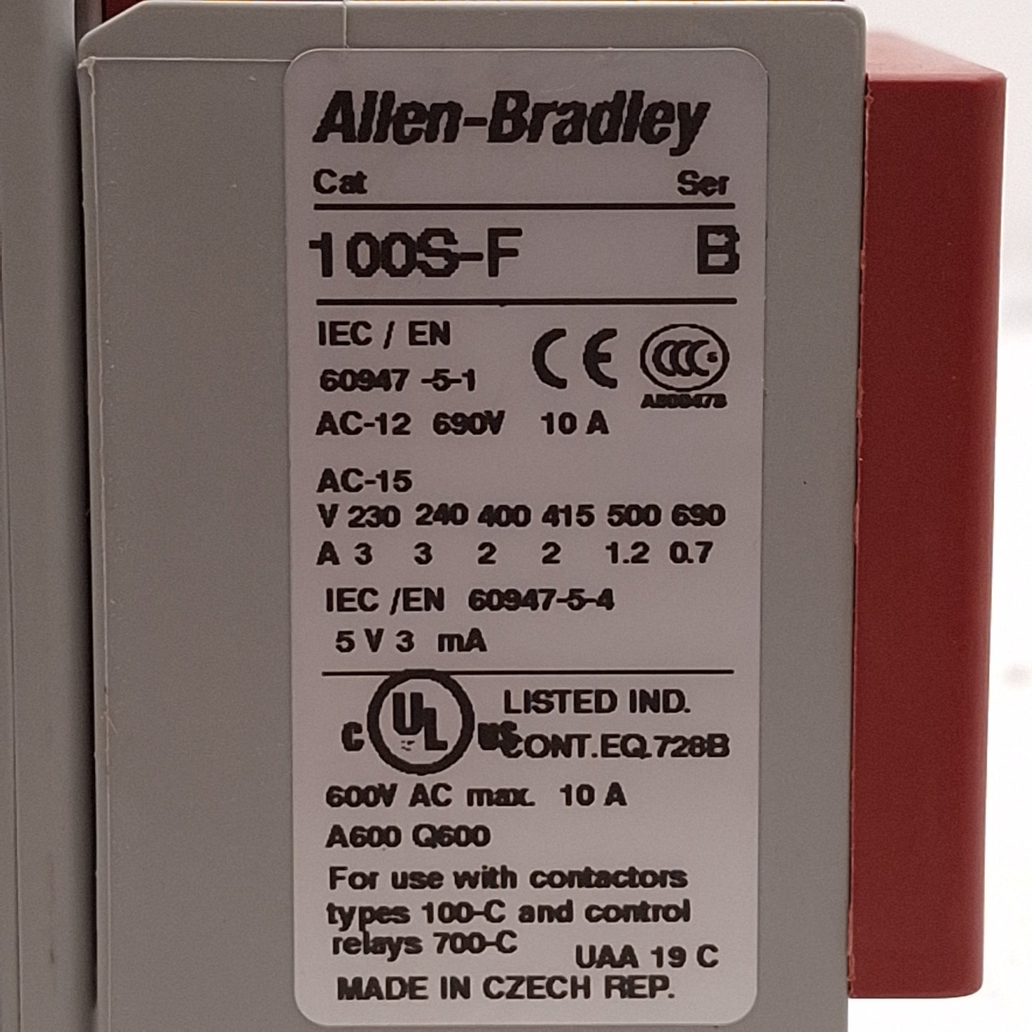 Used Allen Bradley 100S-C23EJ422BC Safety Contactor 4NO+2NO/2NC Aux, 23A, 24VAC Coil