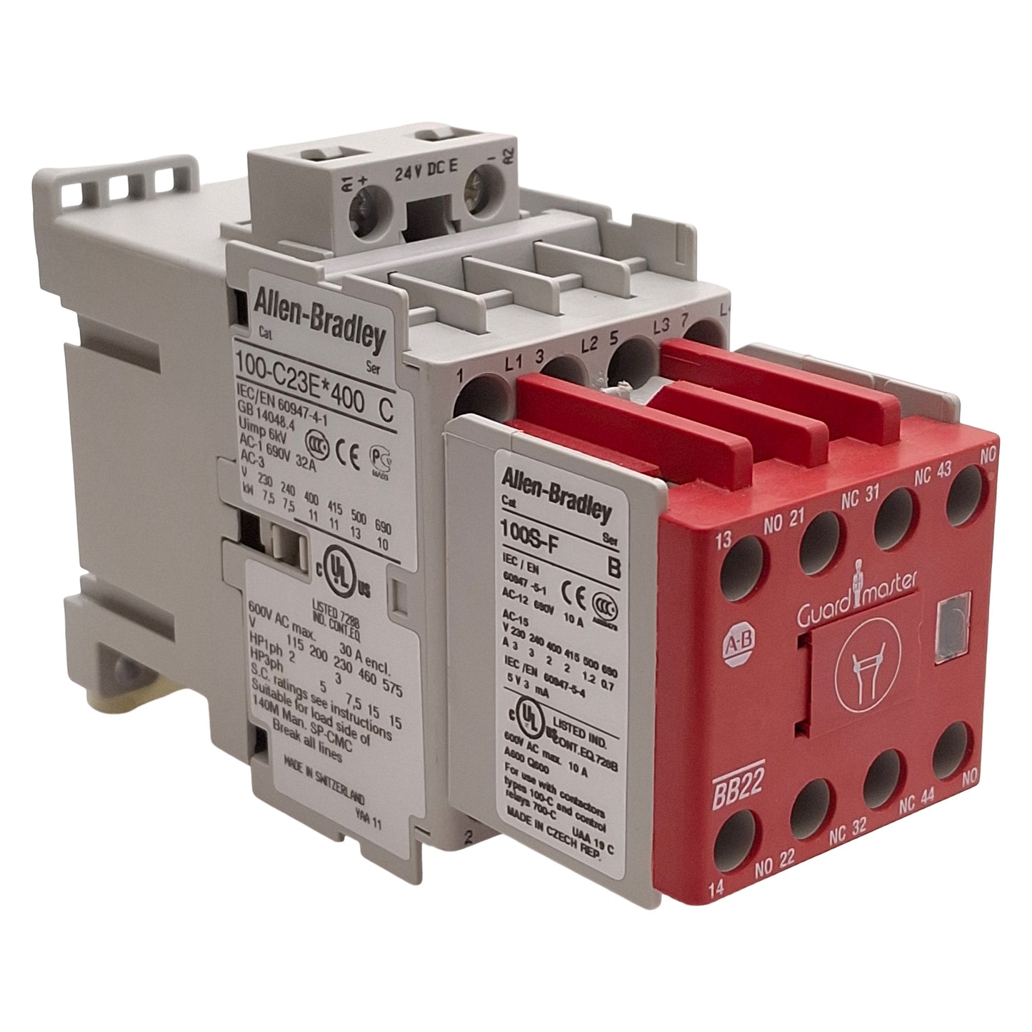Used Allen Bradley 100S-C23EJ422BC Safety Contactor 4NO+2NO/2NC Aux, 23A, 24VAC Coil
