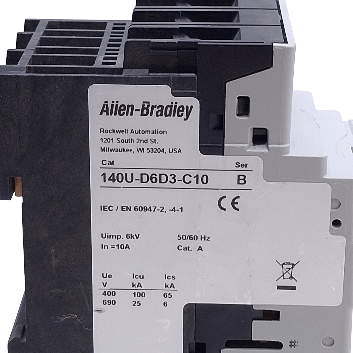 Used Allen Bradley 140U-D6D3-C10 Circuit Breaker, 3-P, 600Y/347VAC 10A, D-Frame