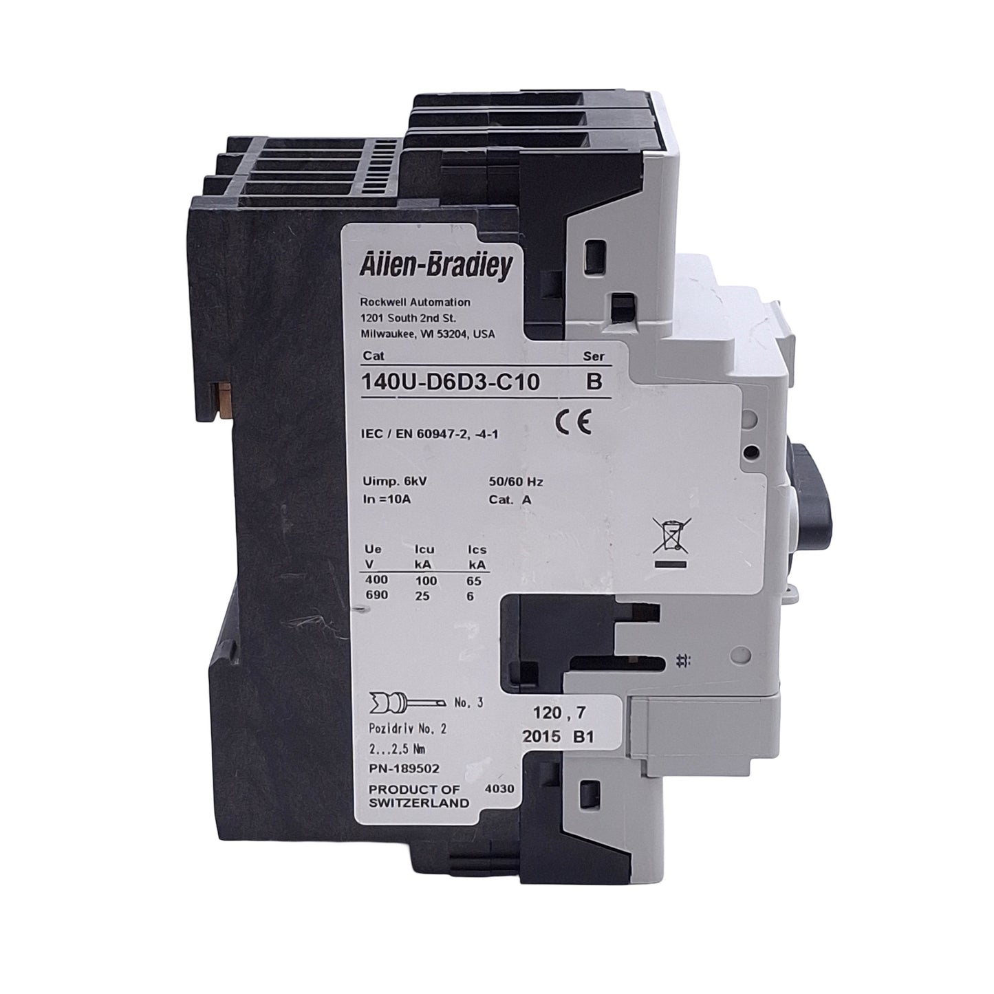 Used Allen Bradley 140U-D6D3-C10 Circuit Breaker, 3-P, 600Y/347VAC 10A, D-Frame