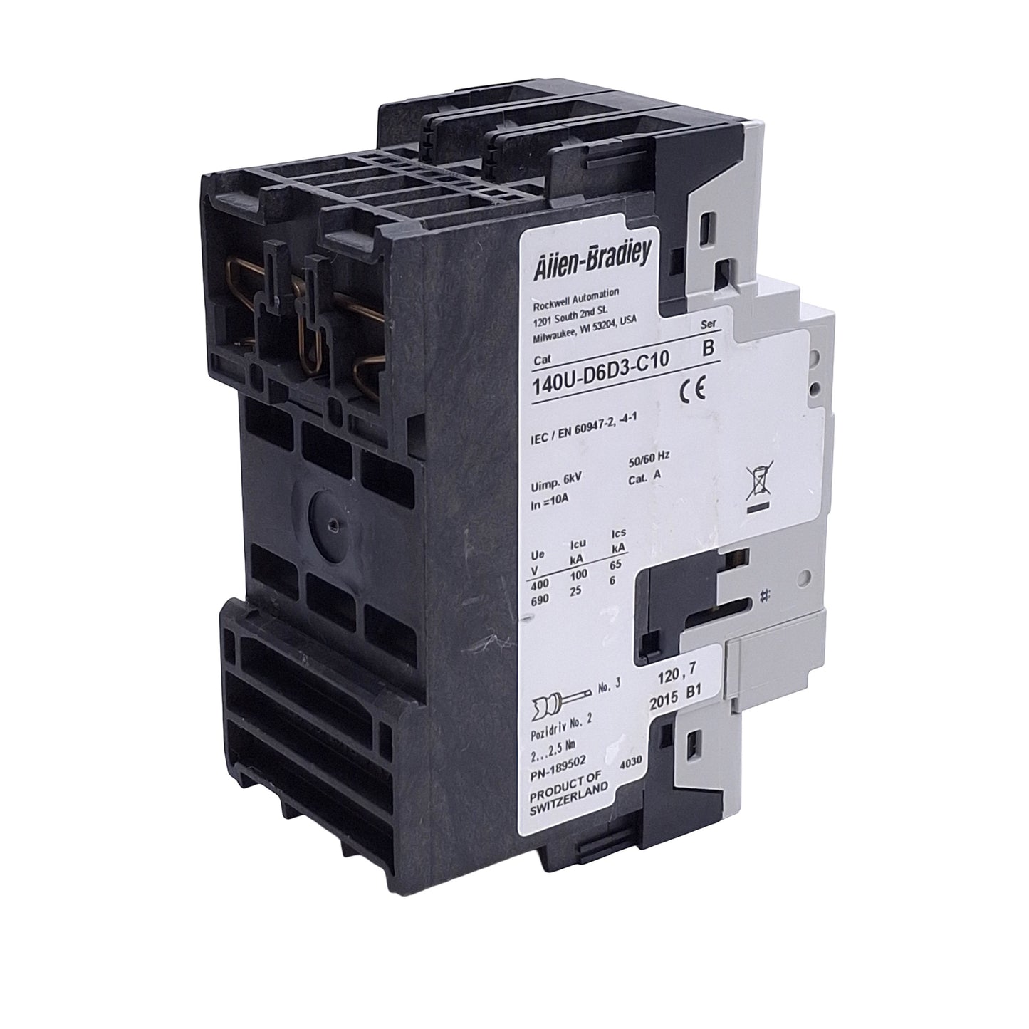 Used Allen Bradley 140U-D6D3-C10 Circuit Breaker, 3-P, 600Y/347VAC 10A, D-Frame