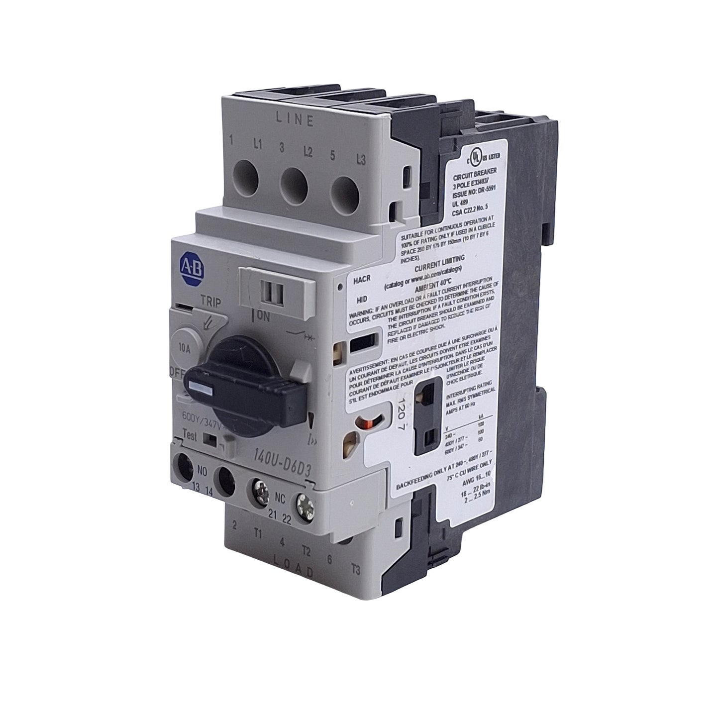 Used Allen Bradley 140U-D6D3-C10 Circuit Breaker, 3-P, 600Y/347VAC 10A, D-Frame