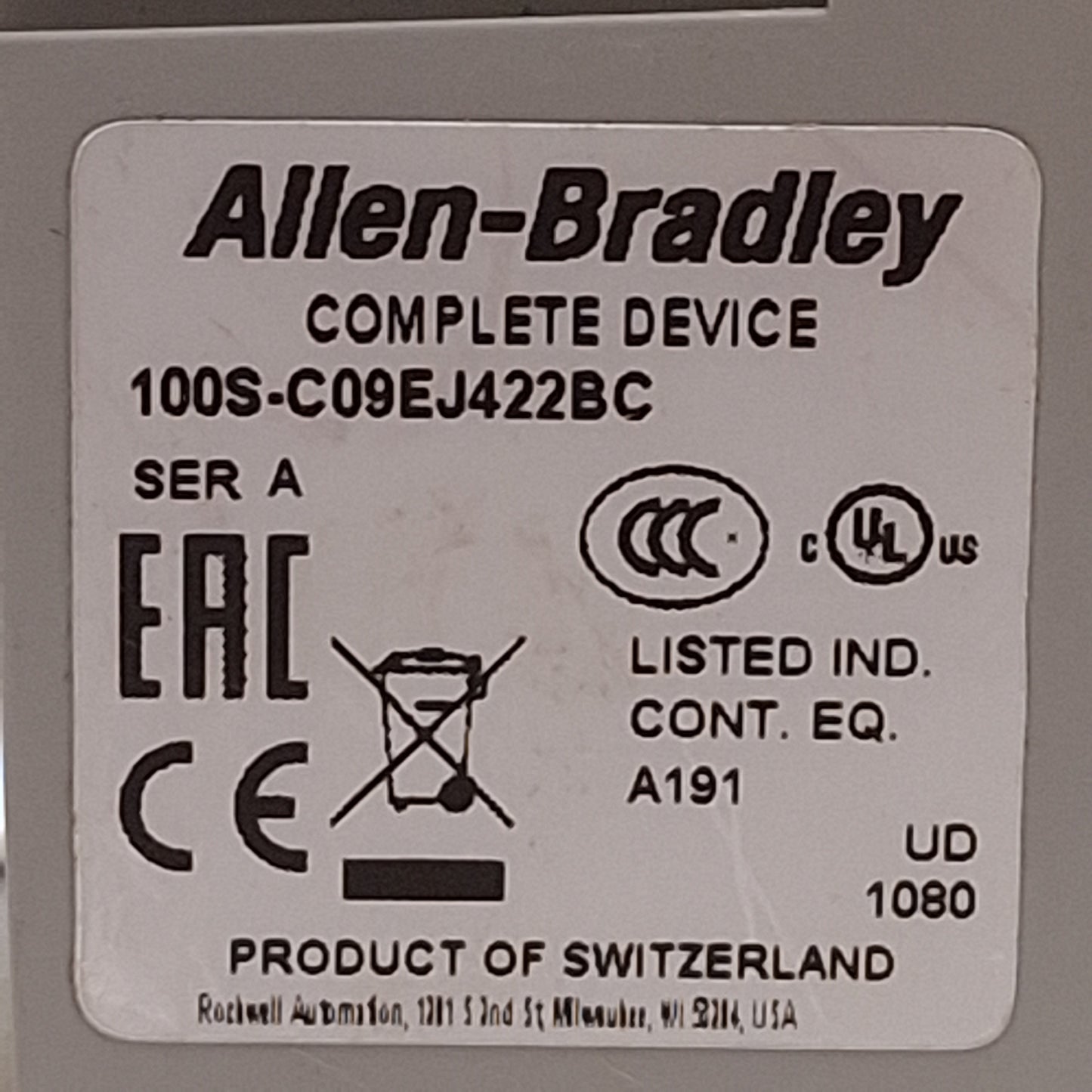 Used Allen Bradley 100S-C09EJ422BC Safety Contactor, 4NO+2NO/2NC Aux, 9A, 24VAC Coil