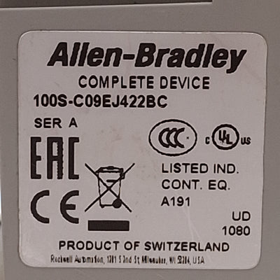 Used Allen Bradley 100S-C09EJ422BC Safety Contactor, 4NO+2NO/2NC Aux, 9A, 24VAC Coil