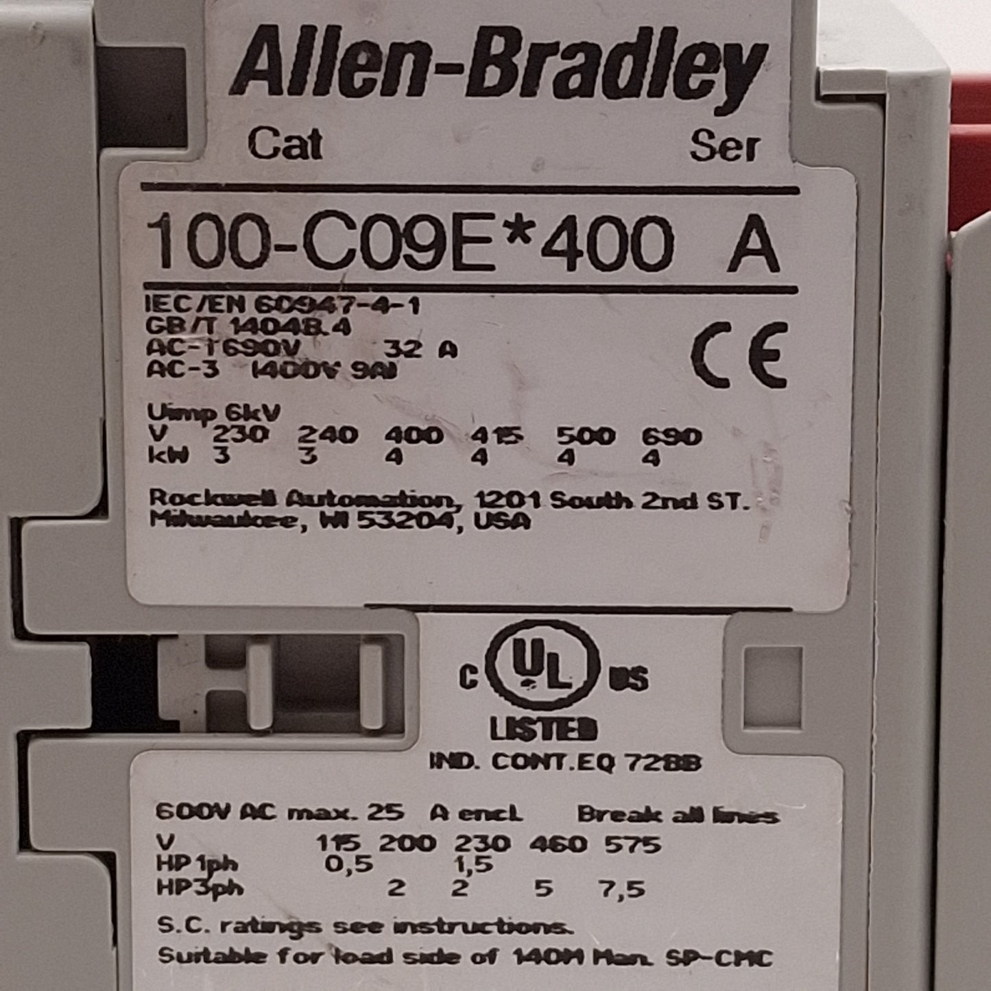 Used Allen Bradley 100S-C09EJ422BC Safety Contactor, 4NO+2NO/2NC Aux, 9A, 24VAC Coil