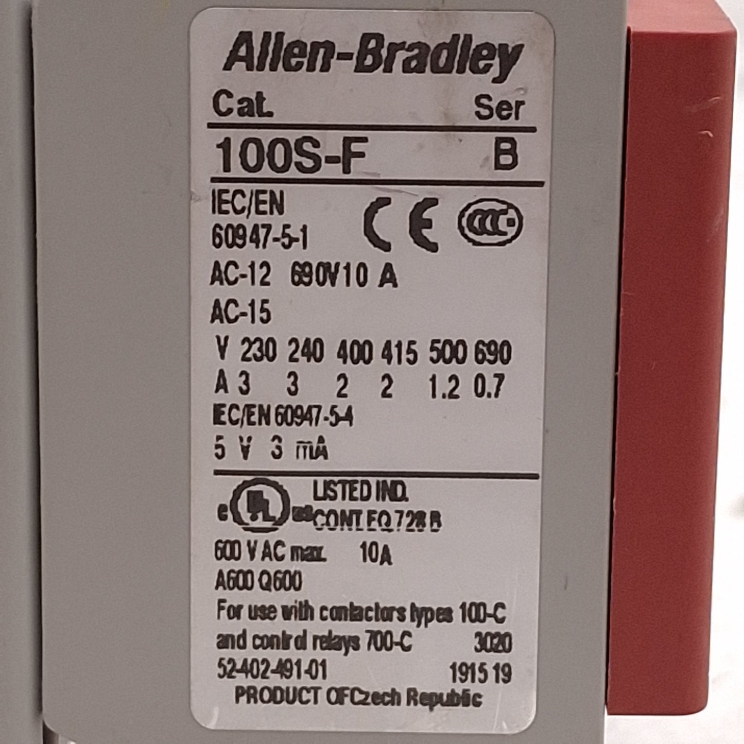 Used Allen Bradley 100S-C09EJ422BC Safety Contactor, 4NO+2NO/2NC Aux, 9A, 24VAC Coil
