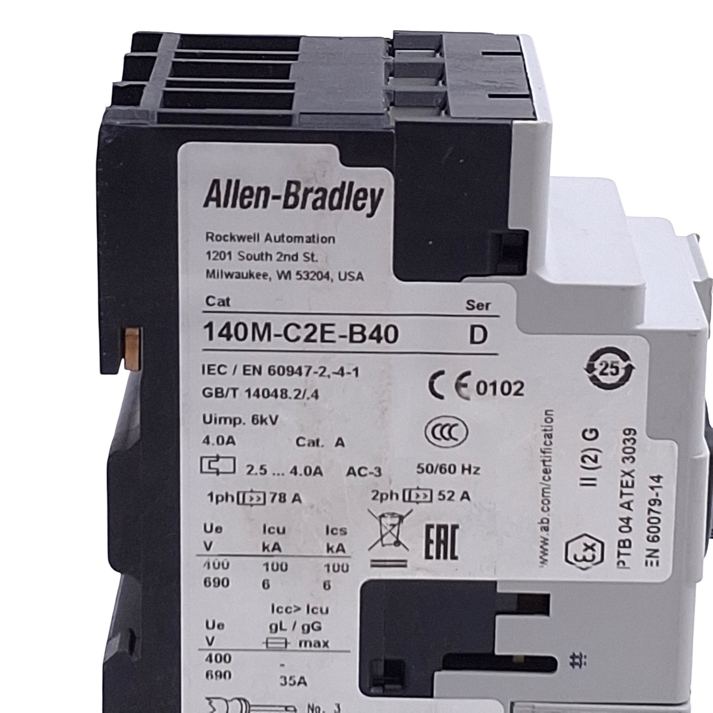 Used Allen Bradley 140M-C2E-B40 Motor Protection Circuit Breaker, 3-P, 2.5-4.0A, 600V