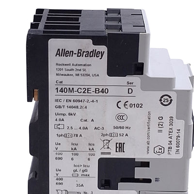 Used Allen Bradley 140M-C2E-B40 Motor Protection Circuit Breaker, 3-P, 2.5-4.0A, 600V