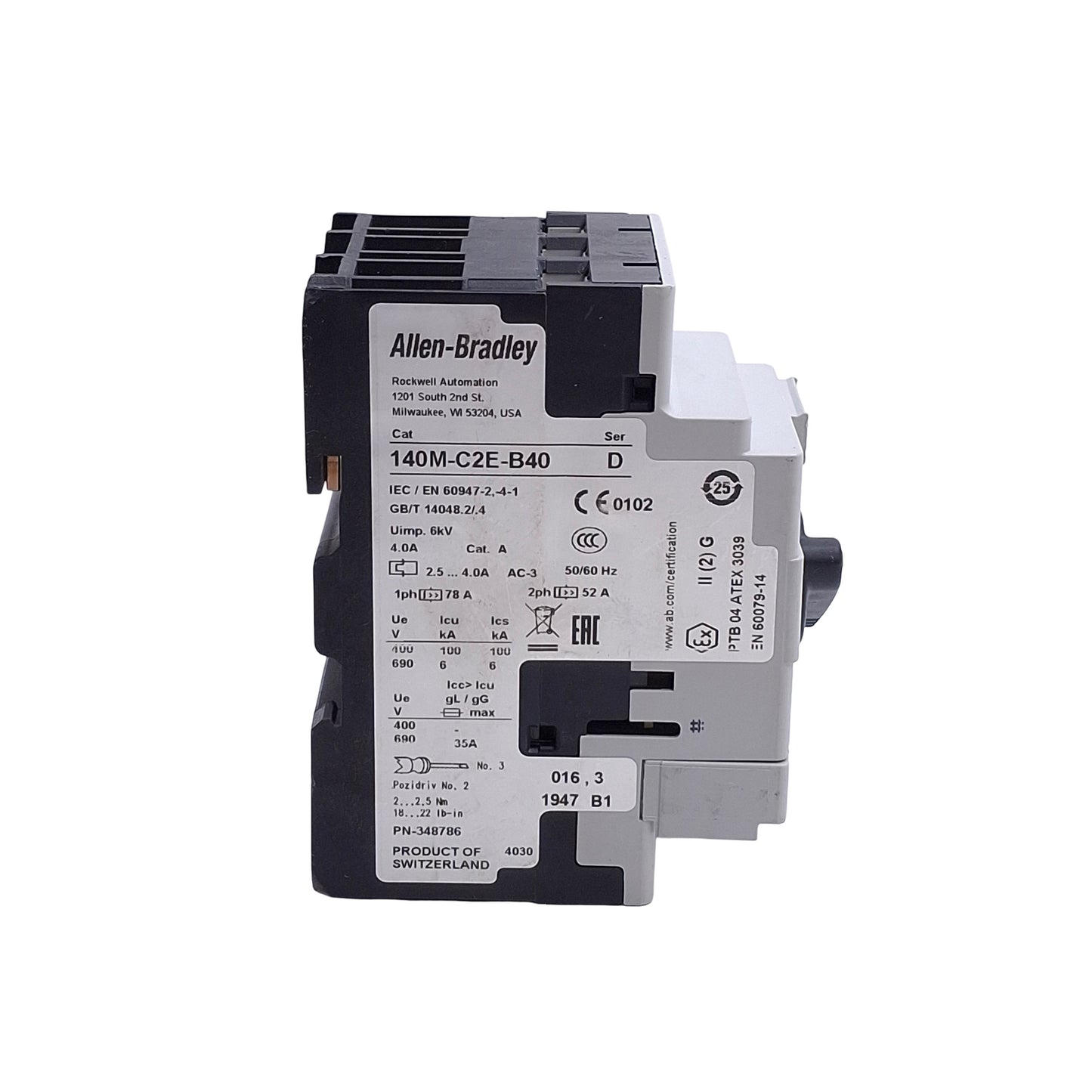 Used Allen Bradley 140M-C2E-B40 Motor Protection Circuit Breaker, 3-P, 2.5-4.0A, 600V